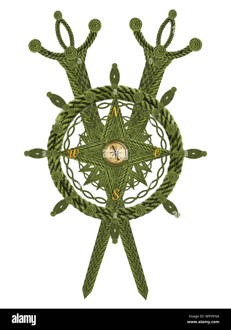 Compass steering wheel and sword aua old ropes Stock Photo
