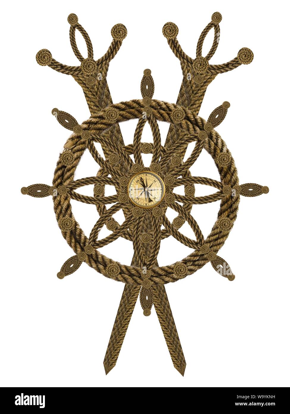 Compass steering wheel and sword aua old ropes Stock Photo