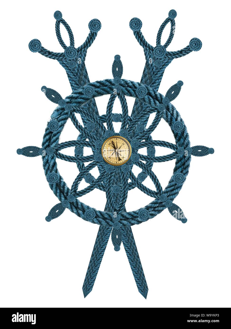 Compass steering wheel and sword aua old ropes Stock Photo