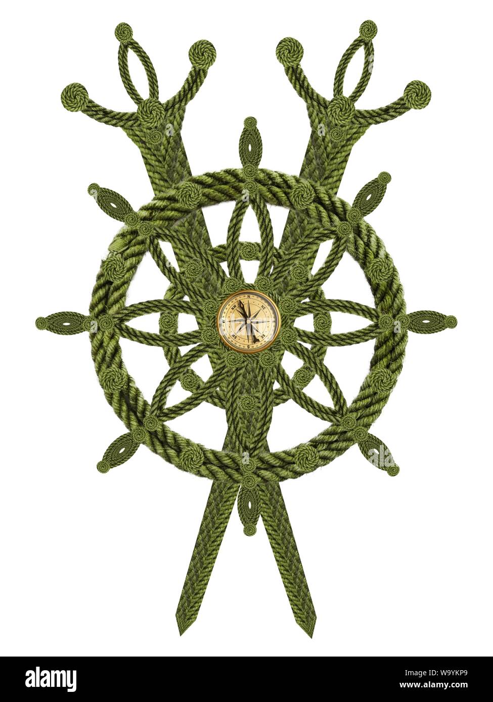 Compass steering wheel and sword aua old ropes Stock Photo