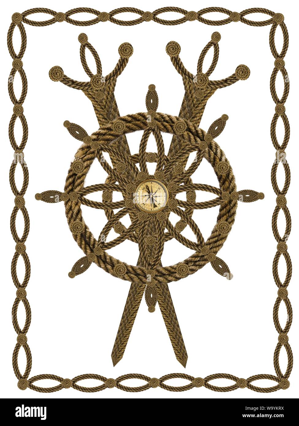 Compass steering wheel and sword aua old ropes Stock Photo