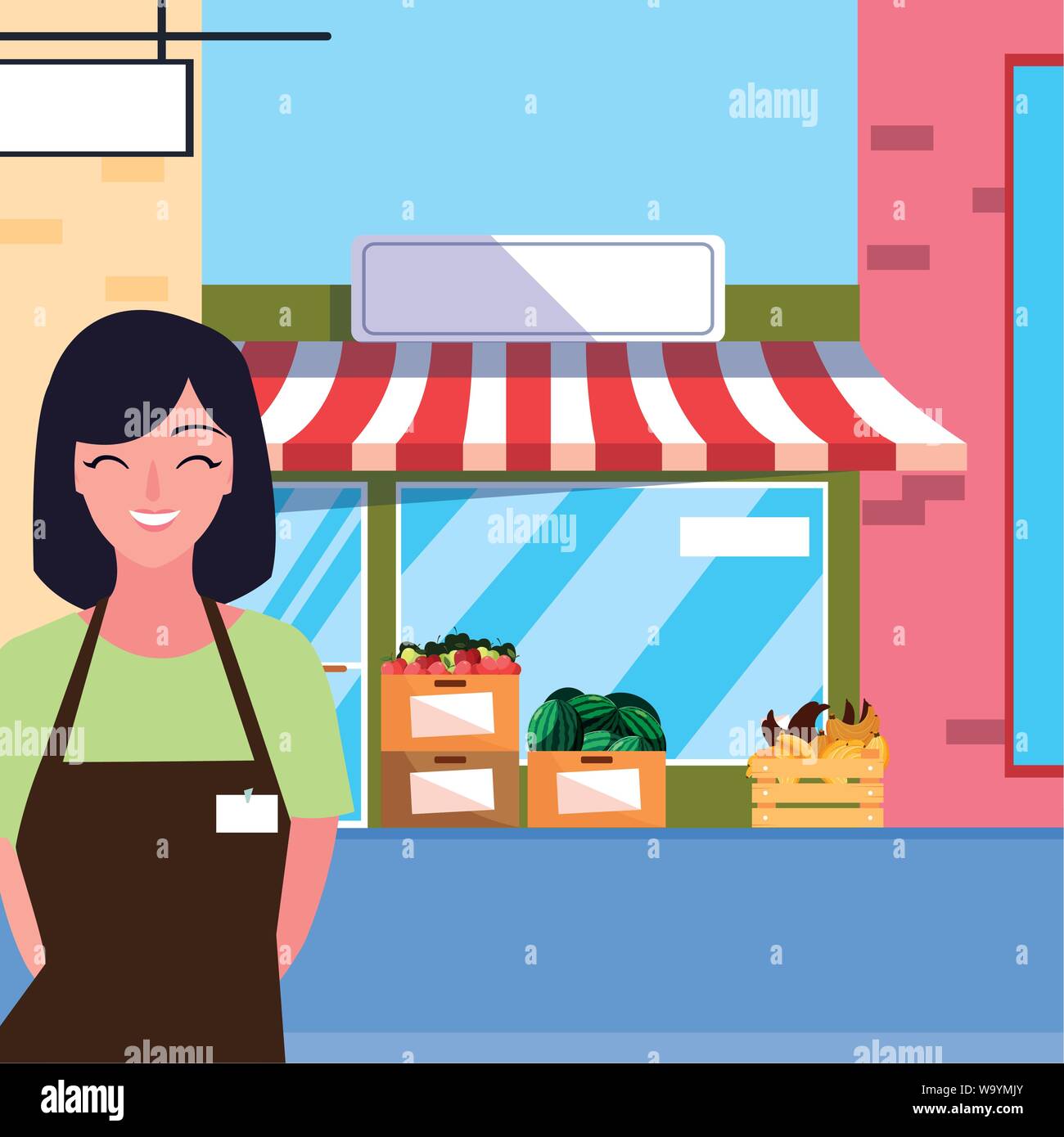 saleswoman with fruits store facade building vector illustration design ...