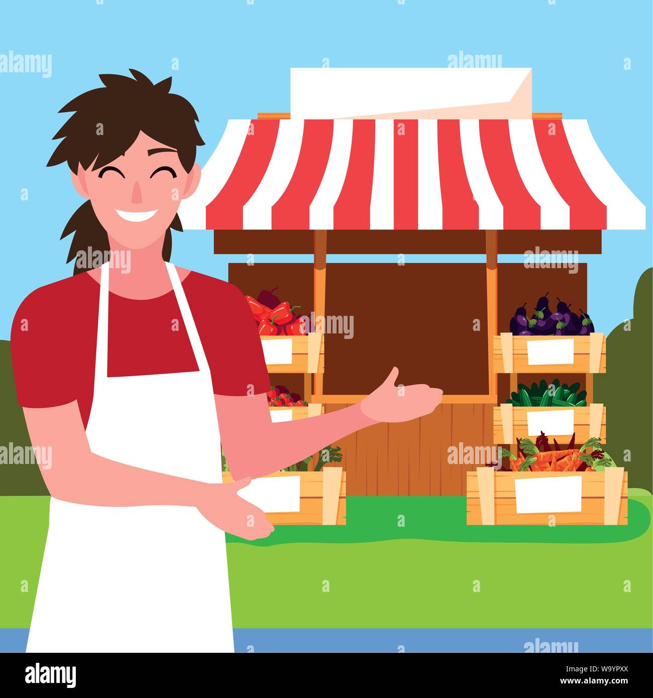 Greengrocer in a market. Smiling girl trader standing behind her counter  surrounded by vegetables and fruit, a black and white vector illustration  in a cartoon style for a coloring book Stock Vector