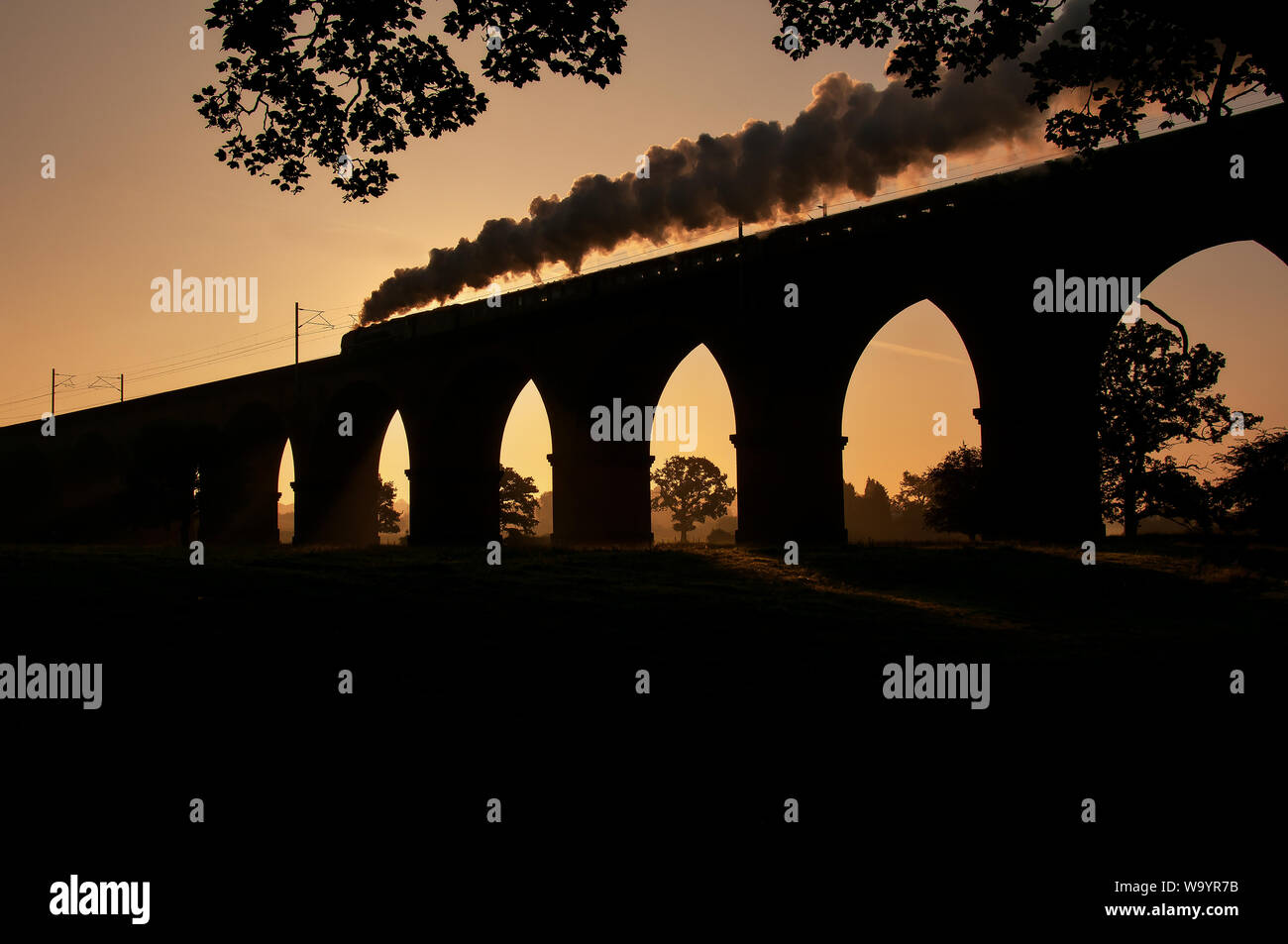 Stanier Pacific No.6233 races across Twemlow Viaduct shortly after sunrise Stock Photo