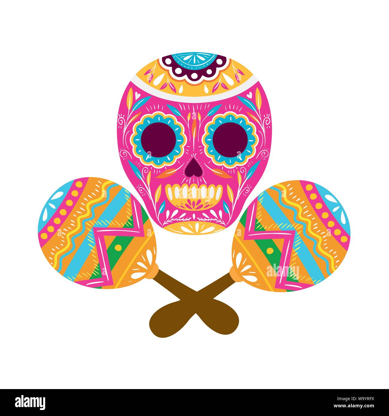 mexican skull with maraca isolated icon Stock Vector