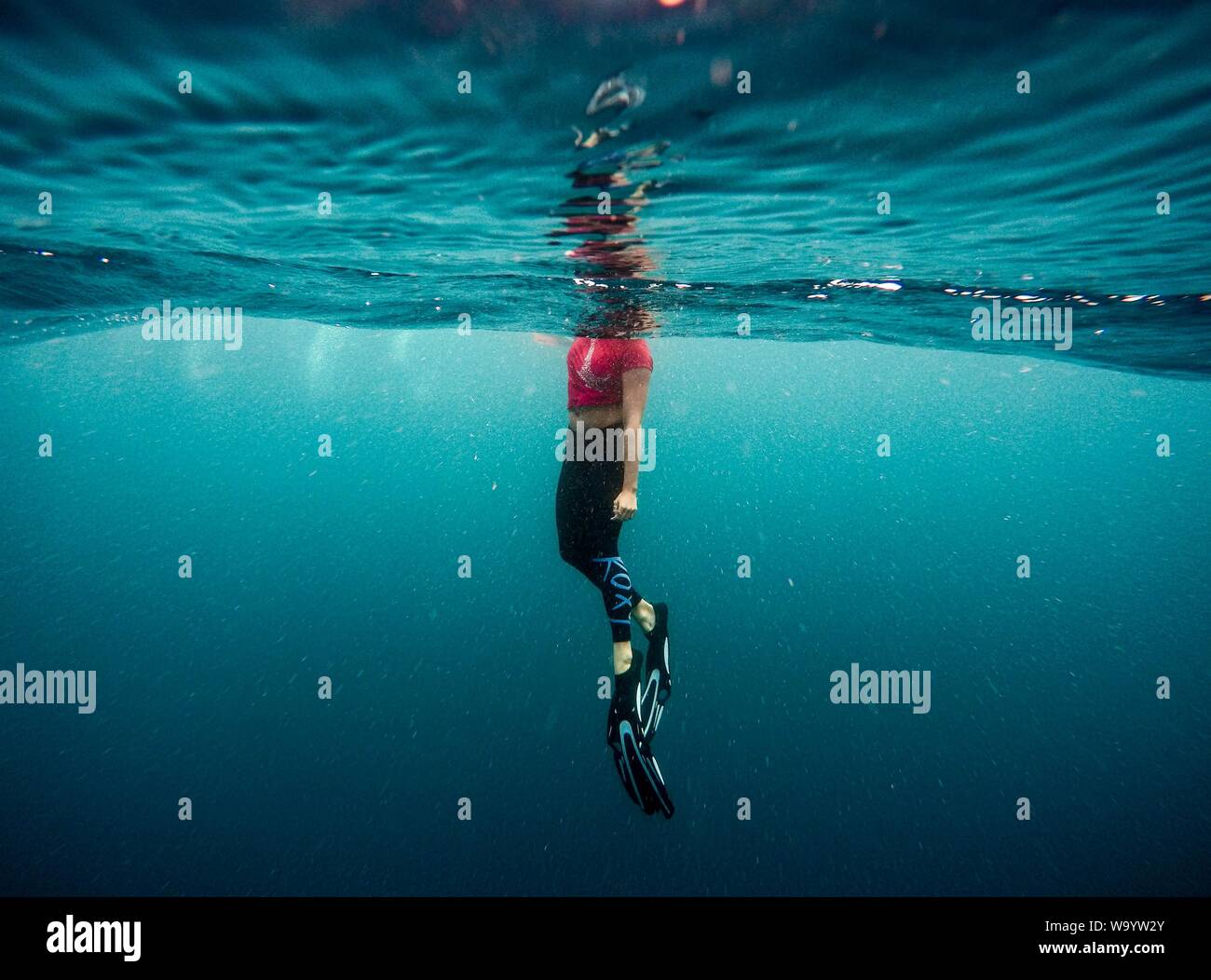 Beautiful underwater shot of a person wearing diving fins and swim