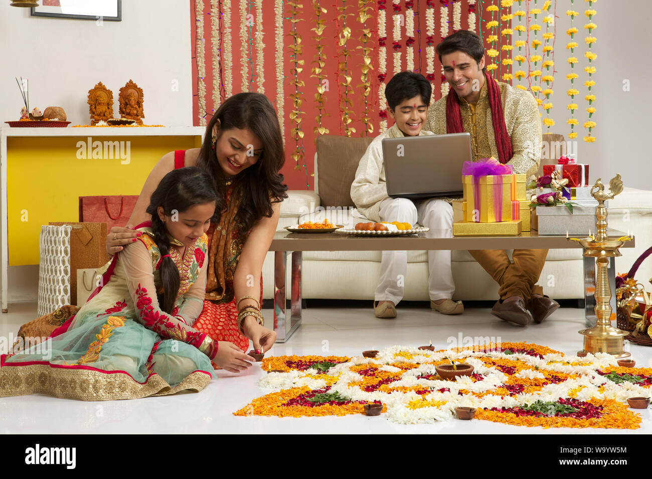 Family celebrating Diwali Stock Photo