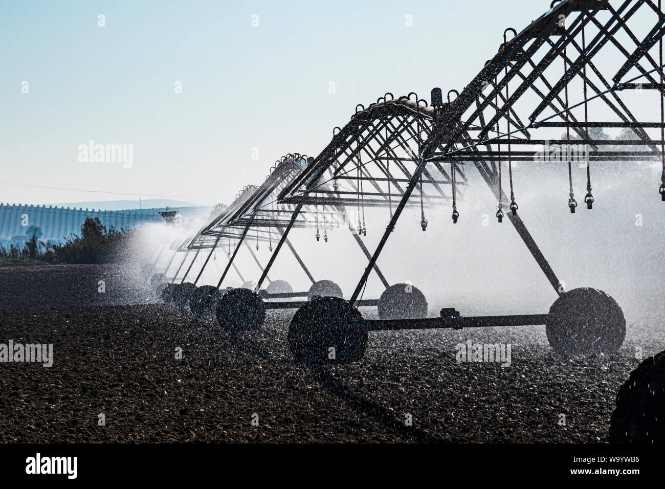 Lateral Move irrigation system.  Self-propelled irrigation system.  Cordoba Province, Spain. Stock Photo