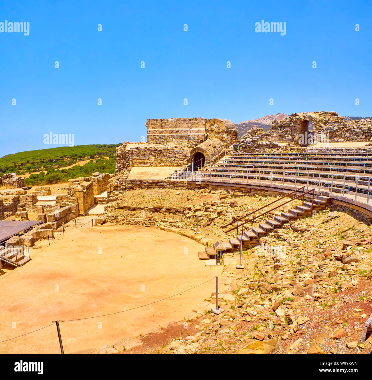 Remains of the Roman Theatre of the Baelo Claudia Archaeological Site. Tarifa, Cadiz. Andalusia, Spain. Stock Photo