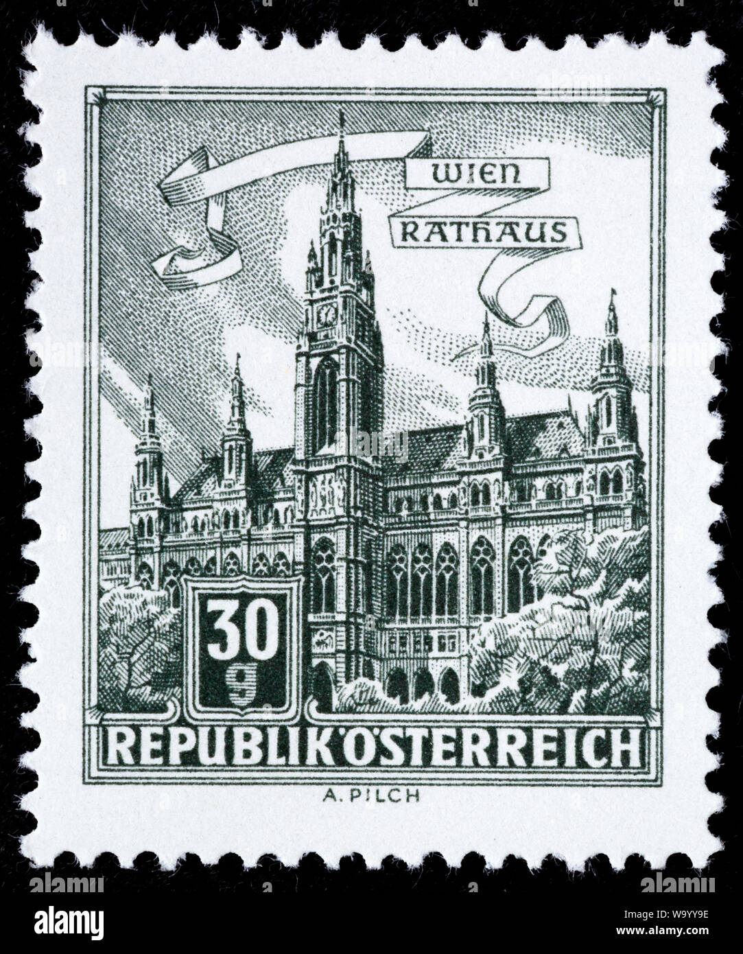 Vienna city hall, rathaus, postage stamp, Austria, 1962 Stock Photo Alamy