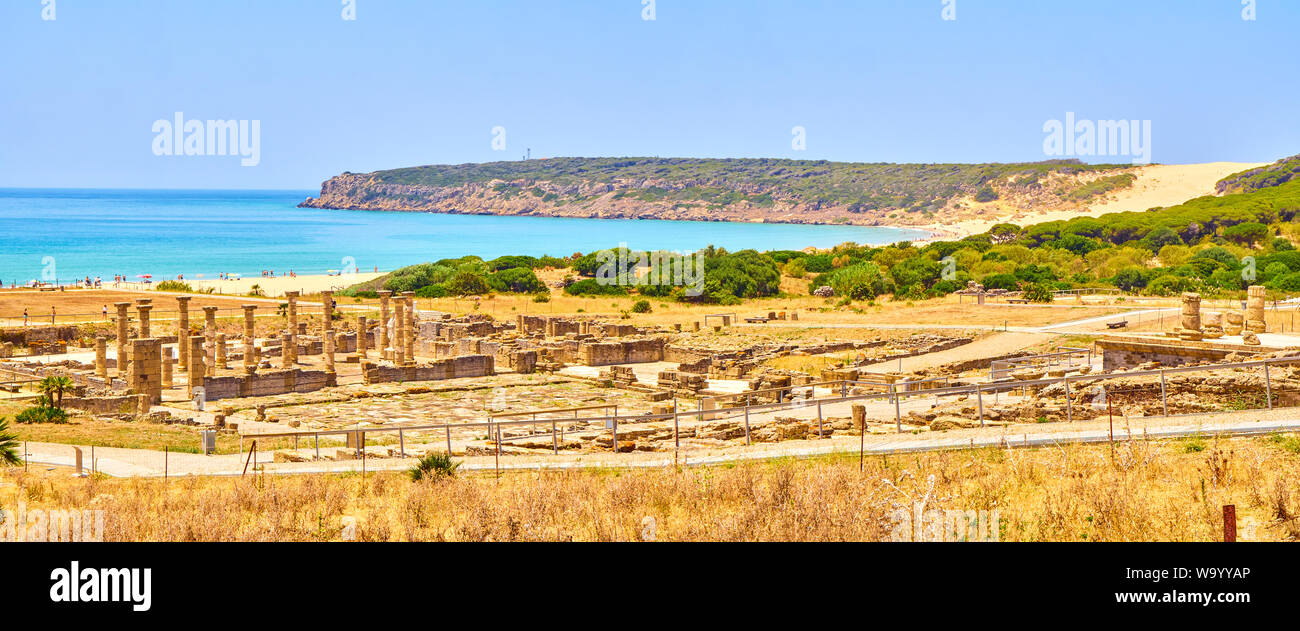 Panoramic view of the Baelo Claudia Archaeological Site with the Bolonia Beach in the Tarifa, Cadiz. Andalusia, Spain. Stock Photo