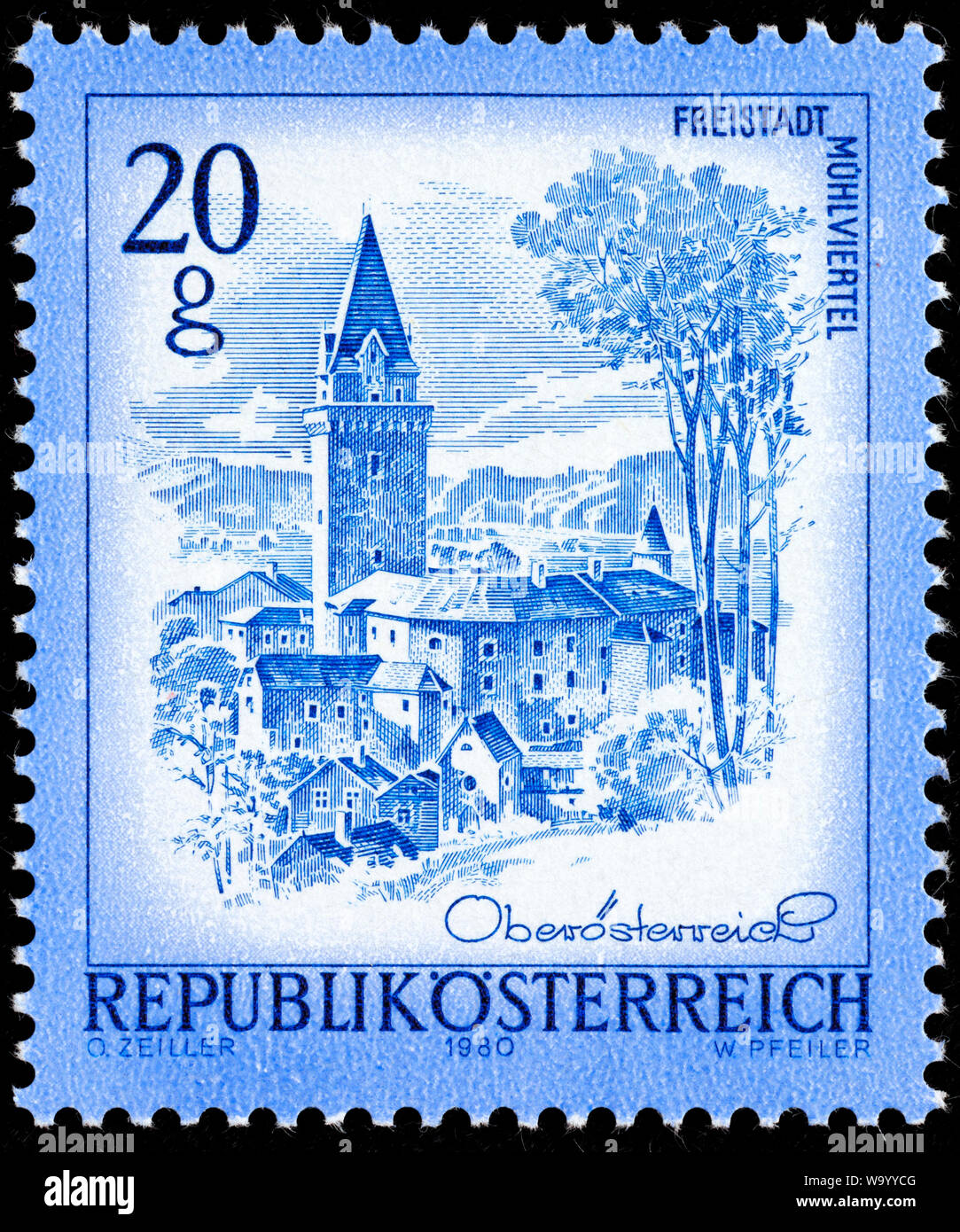 Castle keep of Freistadt, Upper Austria, postage stamp, Austria, 1980