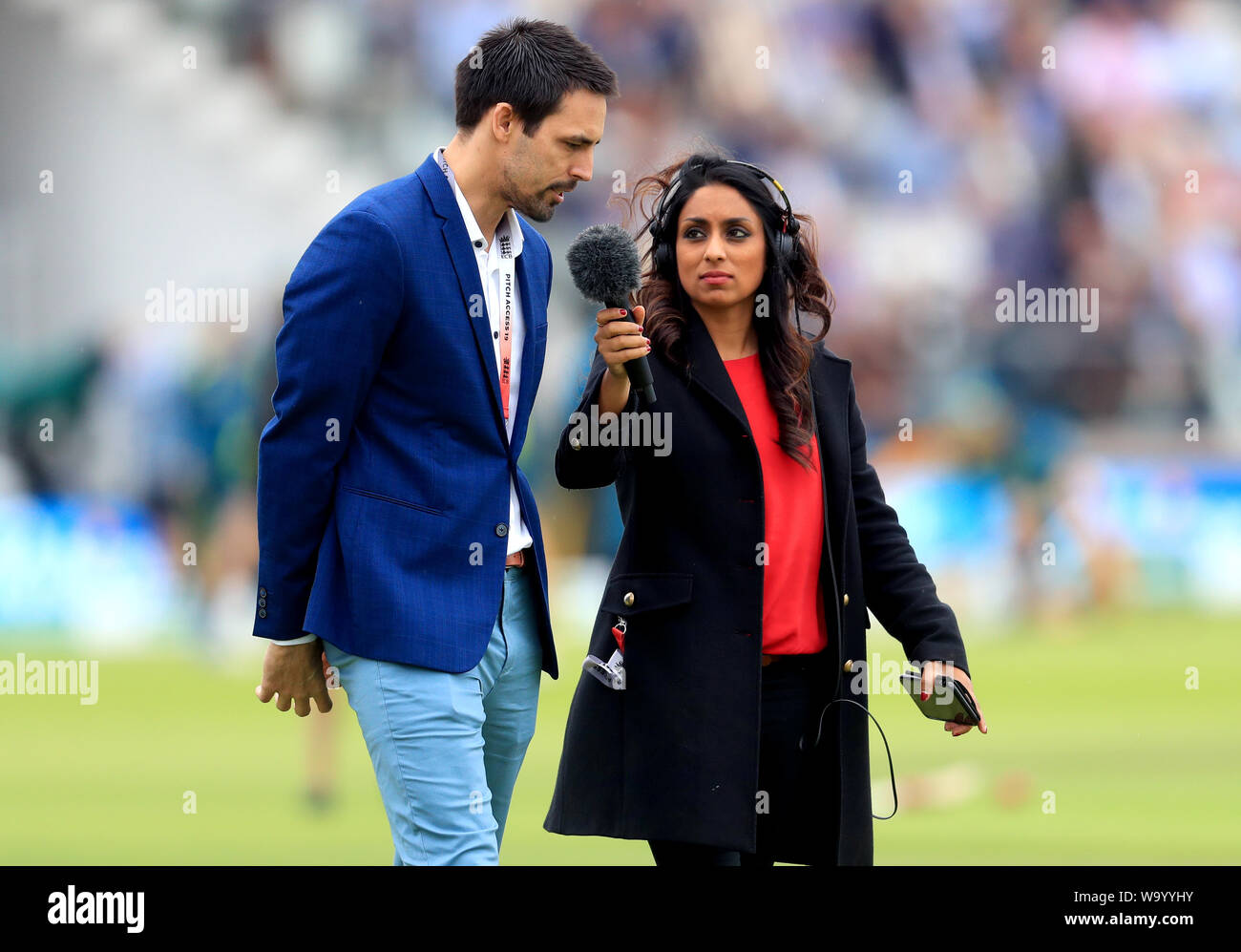 Sky Sports Cricket Commentator Isa Guha Right Speaks To Mitchell Johnson During Day Three Of The Ashes Test Match At Lord S London Stock Photo Alamy