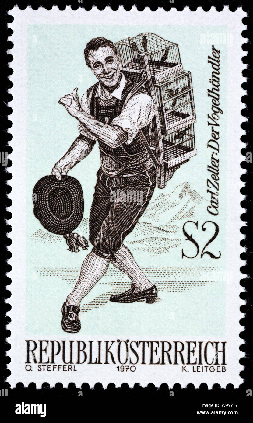 Operette, Der Vogelhandler, Carl Zeller, postage stamp, Austria, 1970 Stock Photo