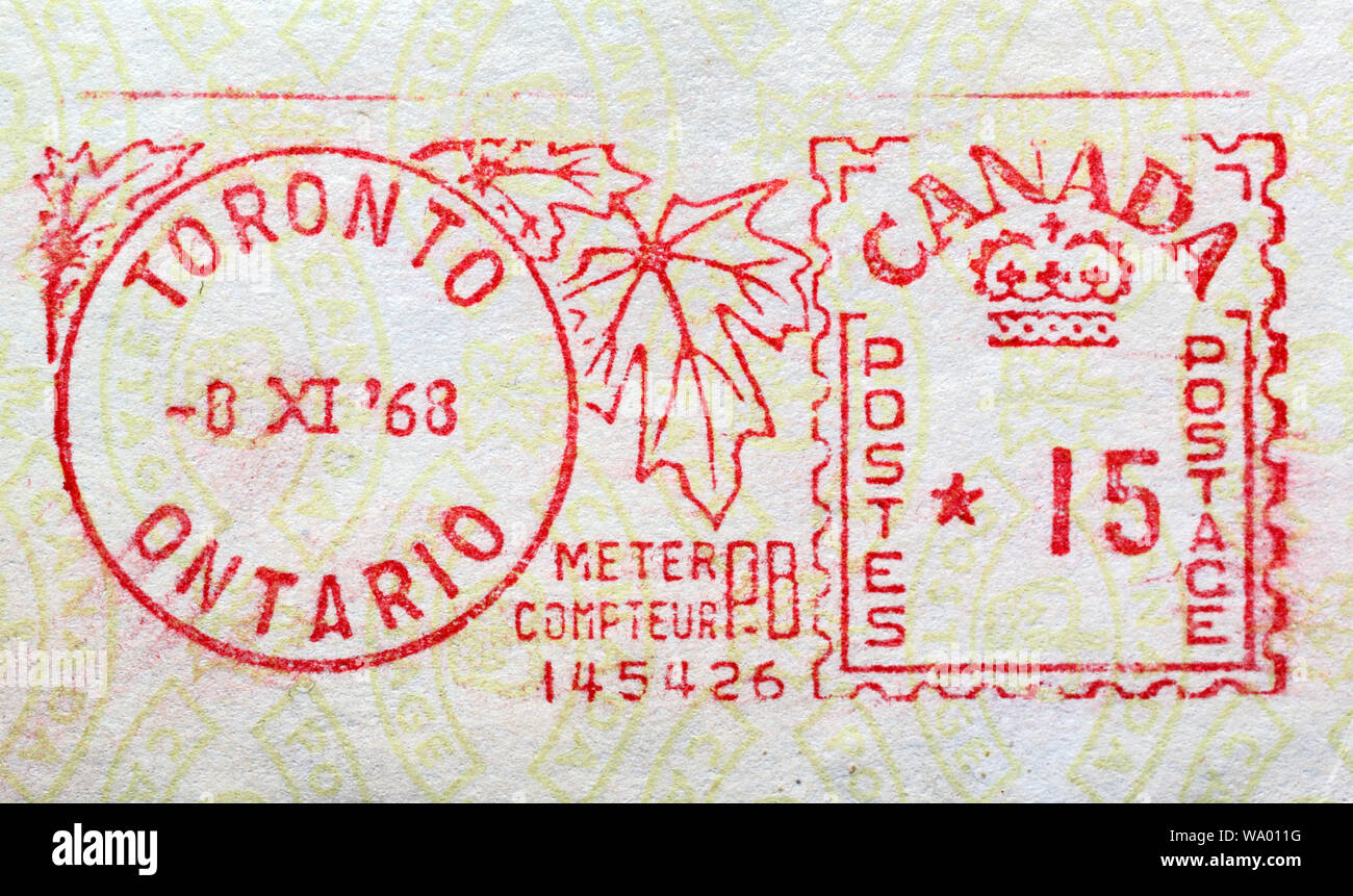 Postage frank stamp, envelope, Toronto, Canada, 1968, 1960s Stock Photo