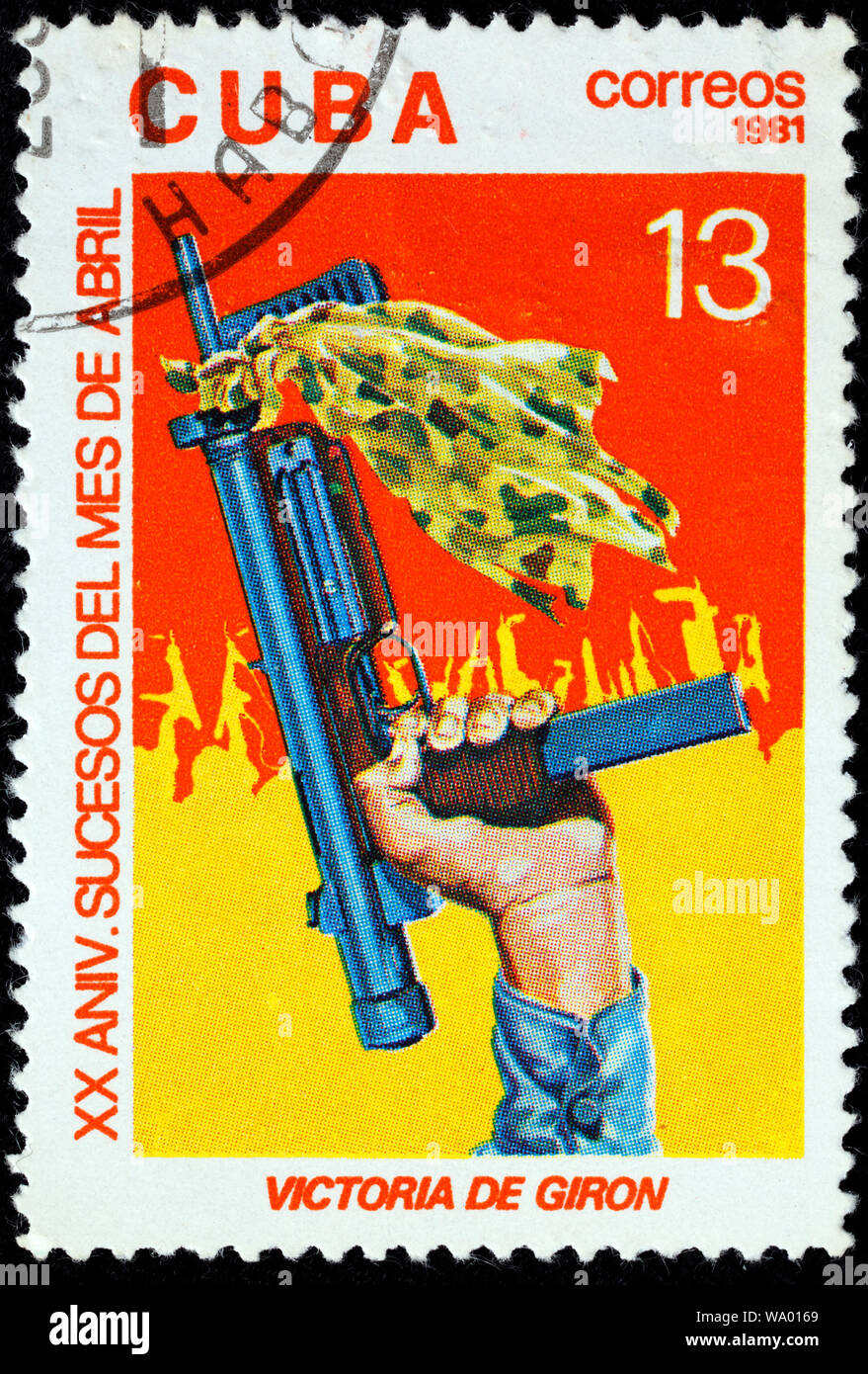 Hand raising gun, postage stamp, Cuba, 1981 Stock Photo Alamy