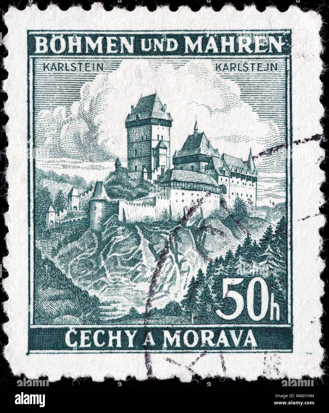 Castle Karlstein, postage stamp, Nazi German Protectorate of Bohemia and Moravia, 1939 Stock Photo