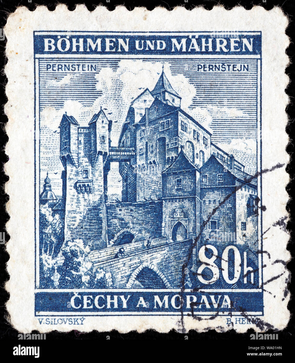 Castle Pernstein, postage stamp, Nazi German Protectorate of Bohemia and Moravia, 1940 Stock Photo