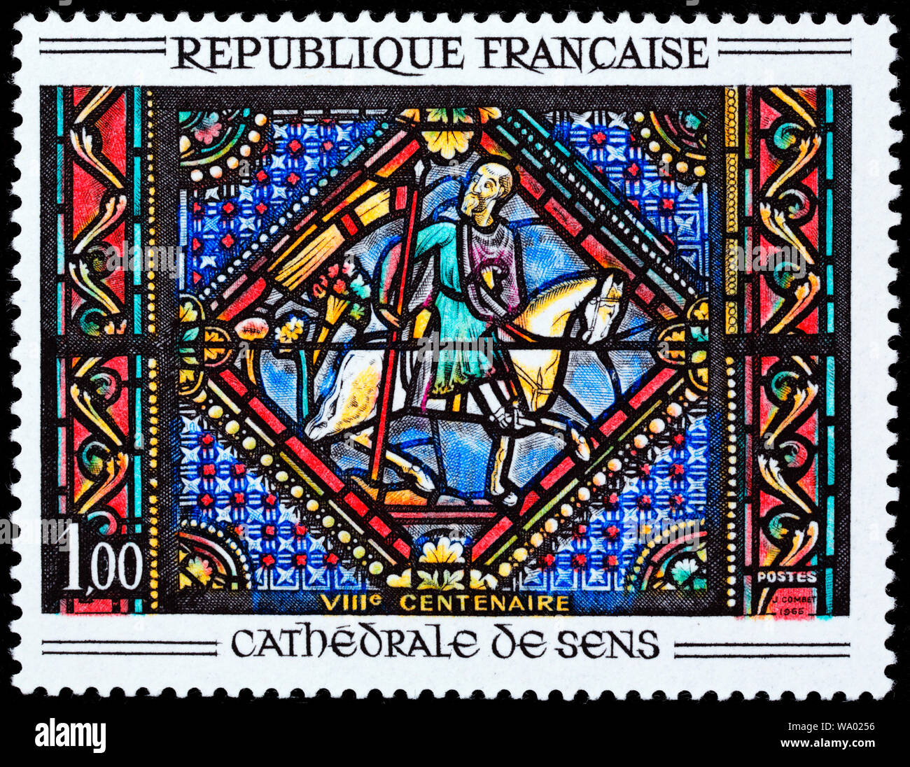 Stained window in the cathedral of Sens, postage stamp, France, 1965 Stock Photo