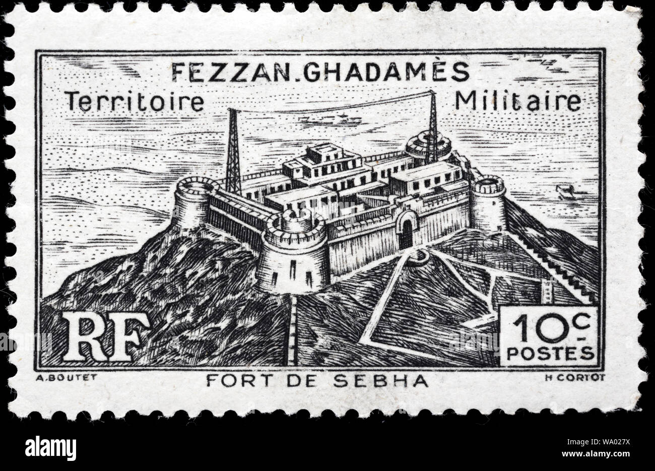 Fort Sabha, postage stamp, Fezzan and Ghadames, 1946 Stock Photo