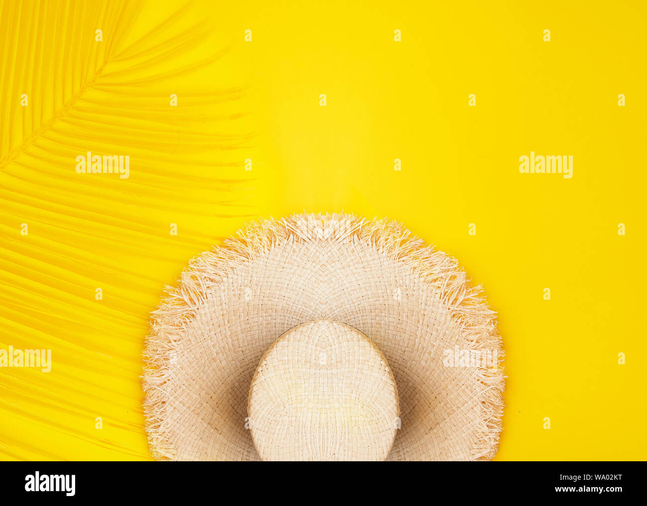 Sun straw hat with palm leaf shadow on yellow background with copy ...