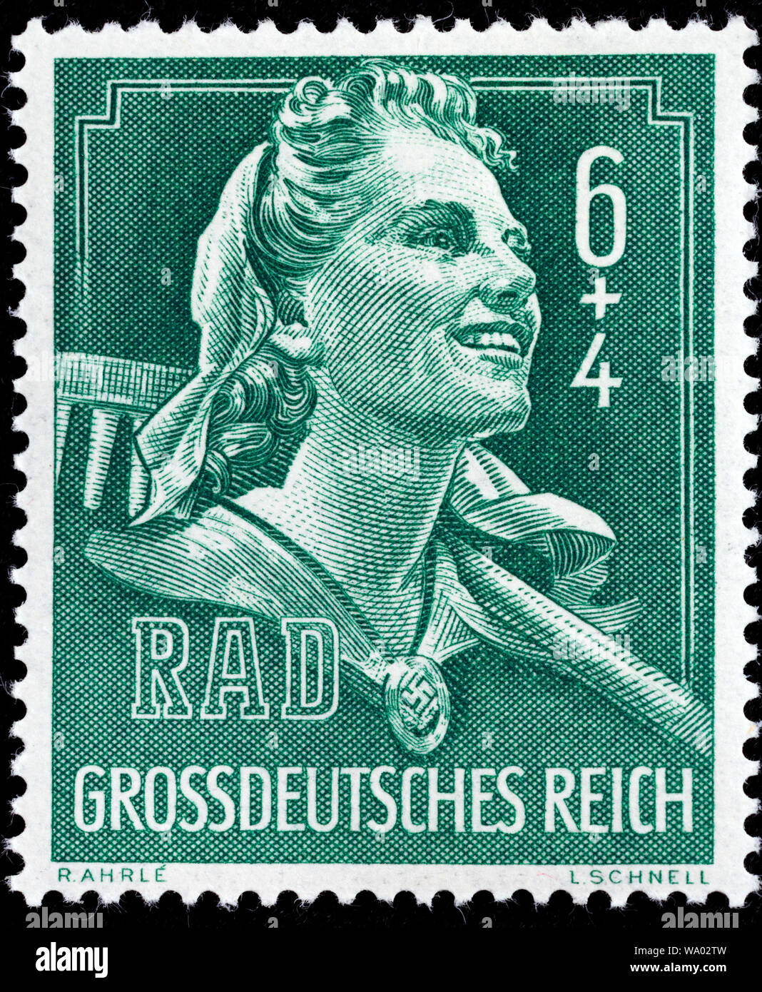Woman with rake, Reichsarbeitsdienst, RAD, postage stamp, Germany, 1944 Stock Photo