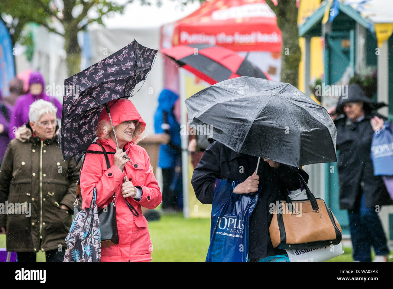 Southport, Merseyside, 16th August 2019.  Heavy rain pours down on visitors braving the awful weather as they make their way into the 2019 Southport Flower Show.  THE UK is set to be battered by more than a month's worth of rain today - before the hot weather returns for the Bank Holiday.  Credit: Cernan Elias/Alamy Live News Stock Photo