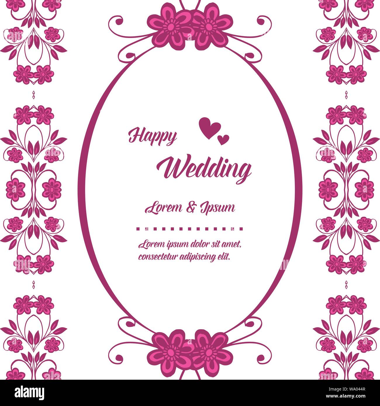 Shape of card happy wedding, pattern art pink wreath frame, isolated on ...