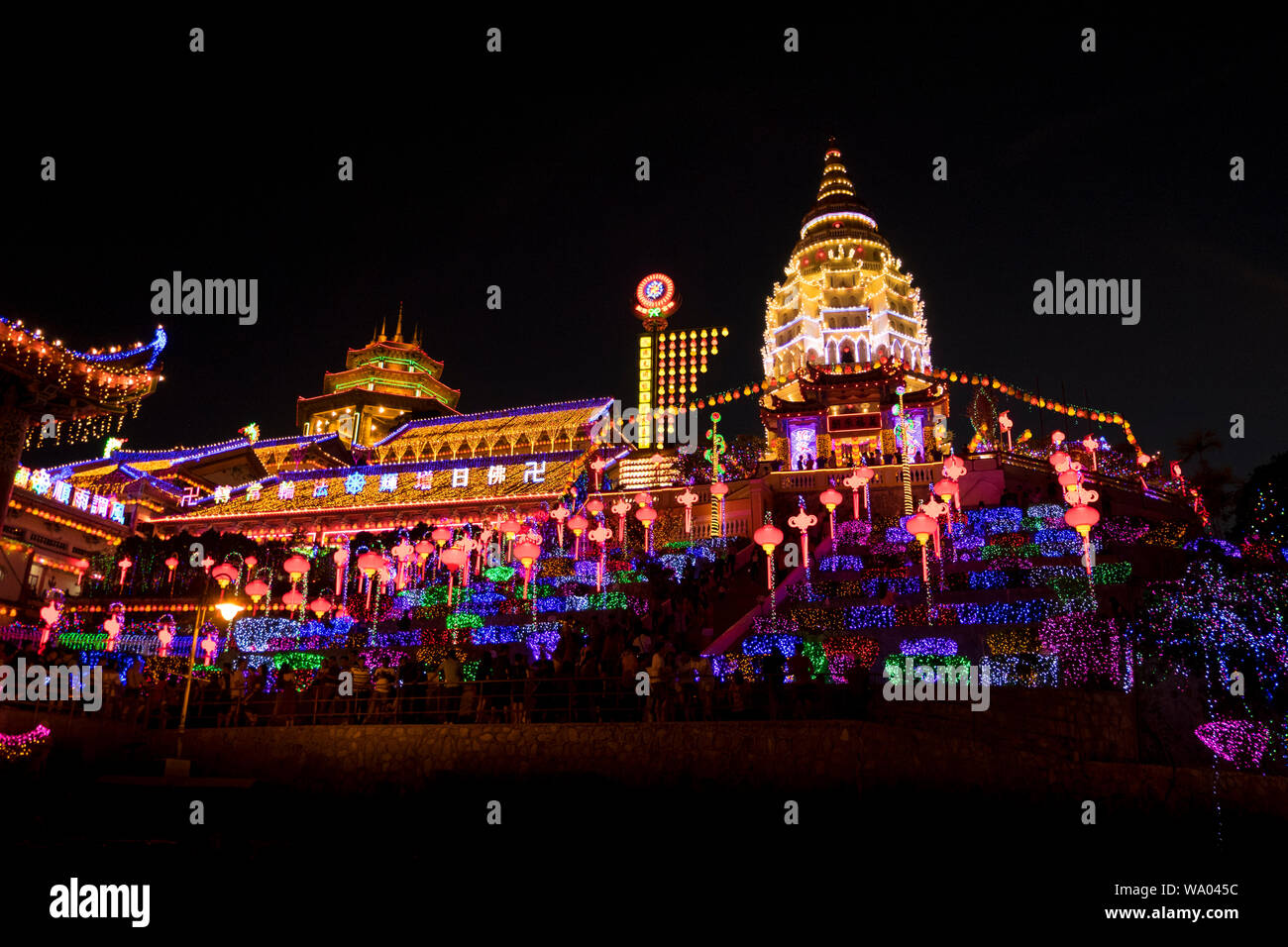 The extensive, over the top lighting at the famed Kek Lok Si Chinese temple in George Town, Penang, Malaysia. The temple puts on the amazing light sho Stock Photo