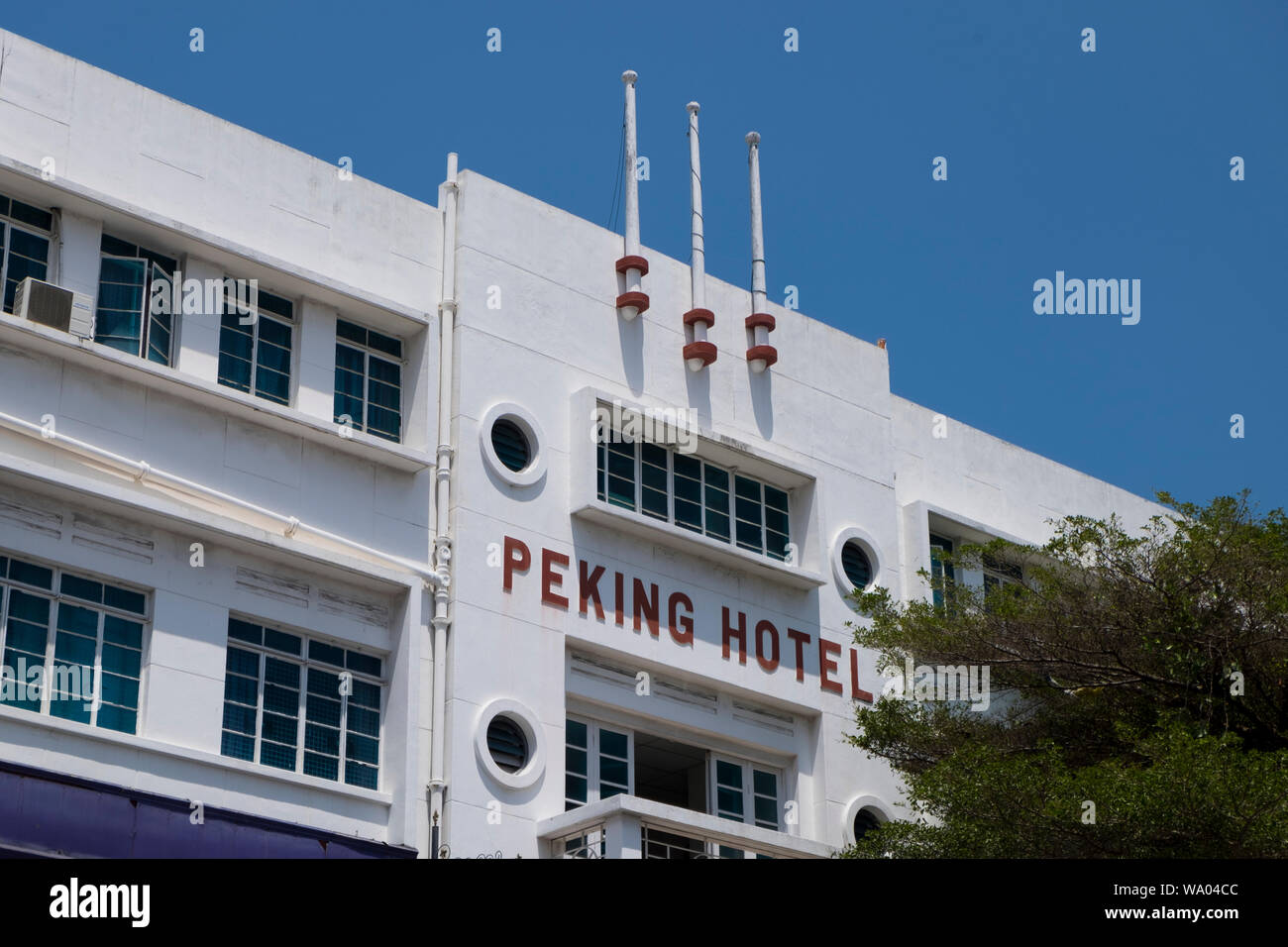The facade of the Art Deco Peking Hotel in George Town, Penang, Malaysia. Stock Photo