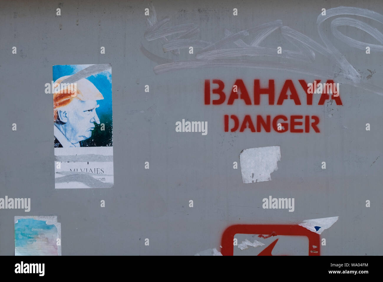 A funny President Donald Trump sticker on a utility box that says 'Danger' in George Town, Penang, Malaysia. Stock Photo