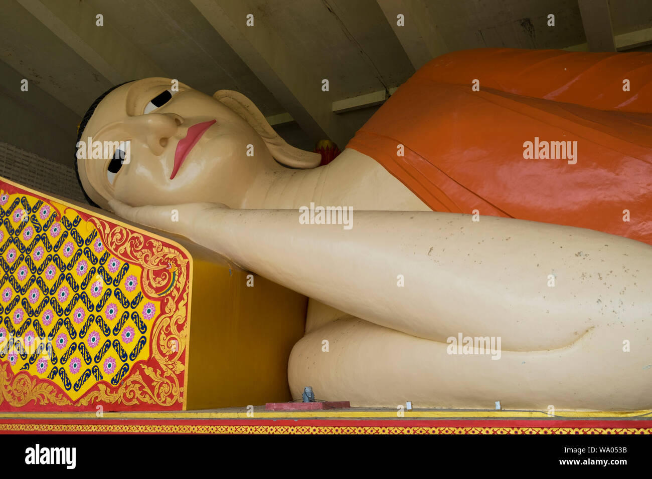 Head detail at Wat Phothivihan, home to a giant reclining Buddha in Tumpat, Malaysia. Stock Photo