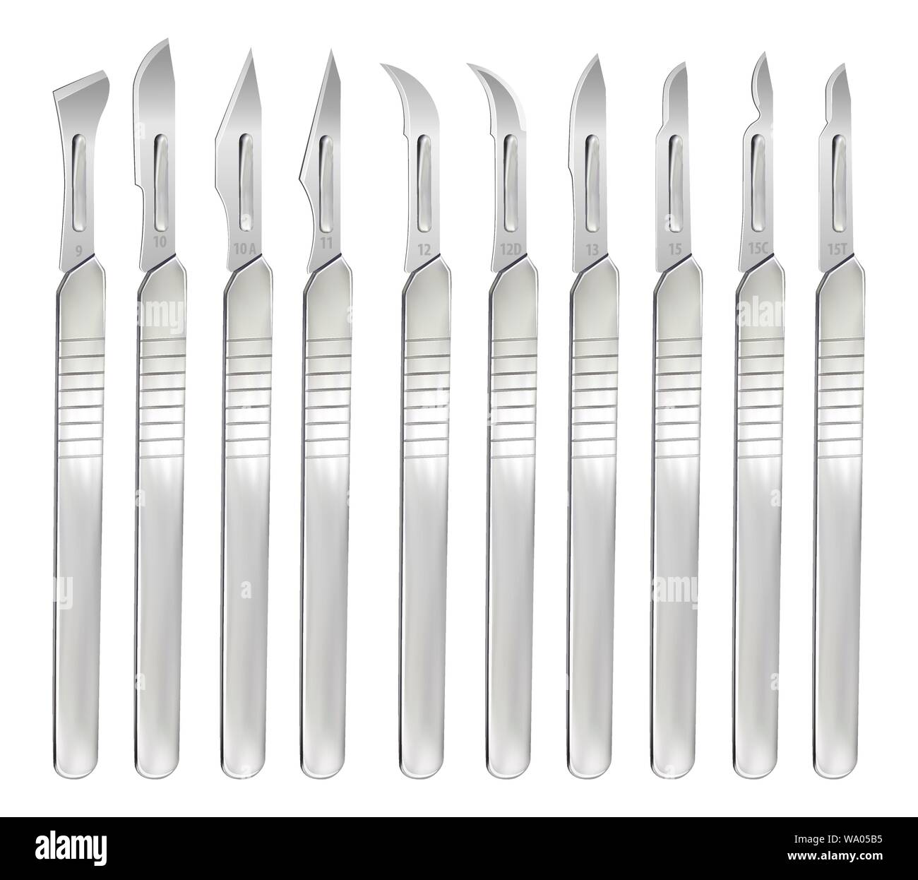 Set of scalpels with interchangeable blades of various shapes. Surgical operating hand tools