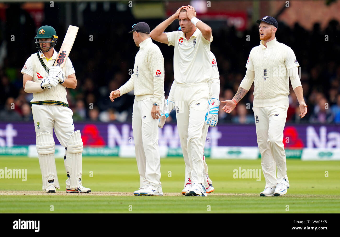 England's Stuart Broad reacts as the wicket of Australia's Travis Head is reviewed during day three of the Ashes Test match at Lord's, London. Stock Photo