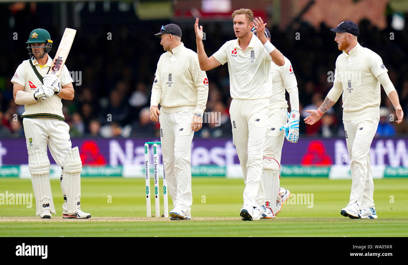 England's Stuart Broad reacts as the wicket of Australia's Travis Head is reviewed during day three of the Ashes Test match at Lord's, London. Stock Photo