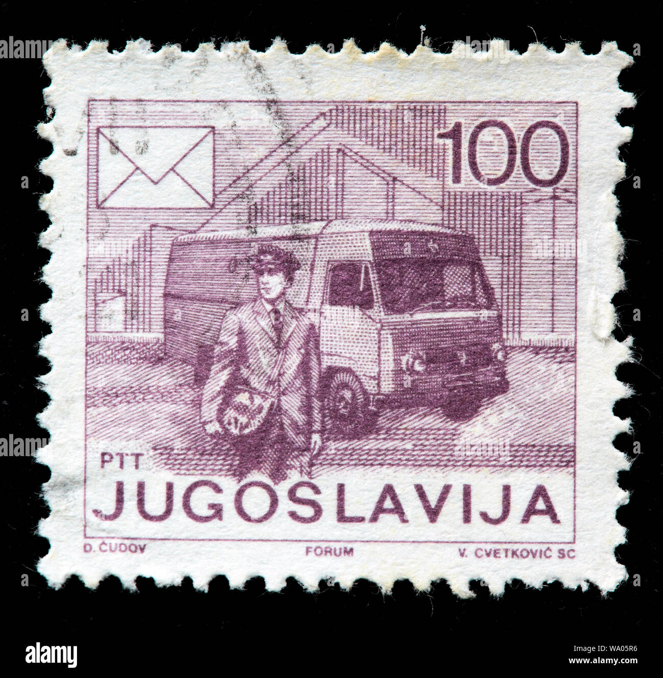 Postman and postal car, postage stamp, Yugoslavia, 1986 Stock Photo