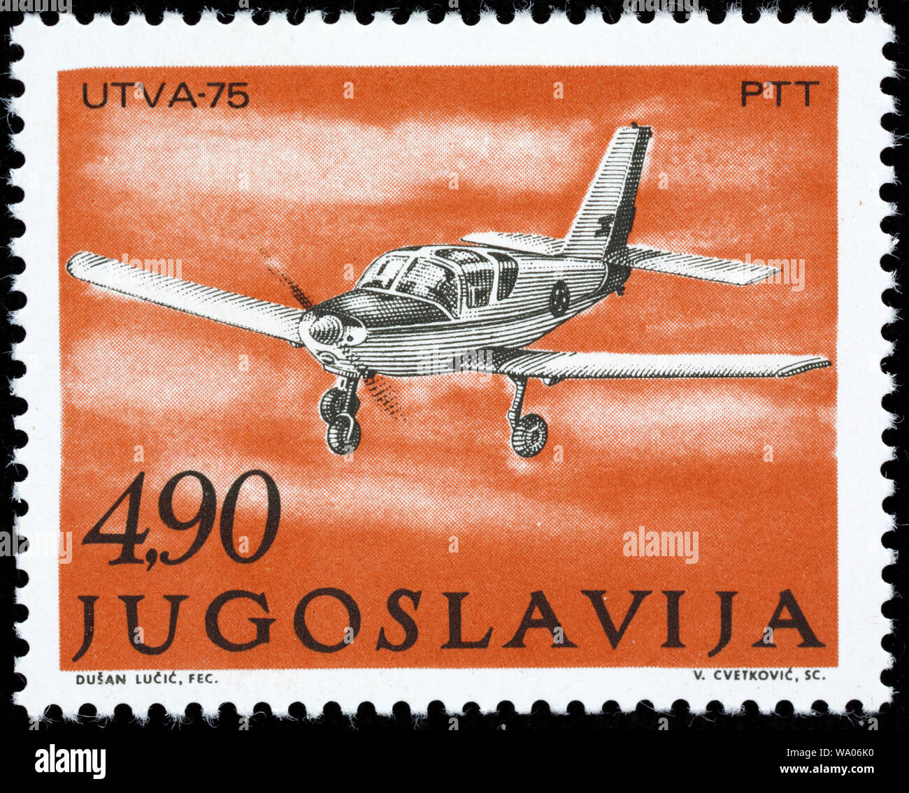 Educational aircraft UTVA-75 (1975), postage stamp, Yugoslavia, 1978 Stock Photo