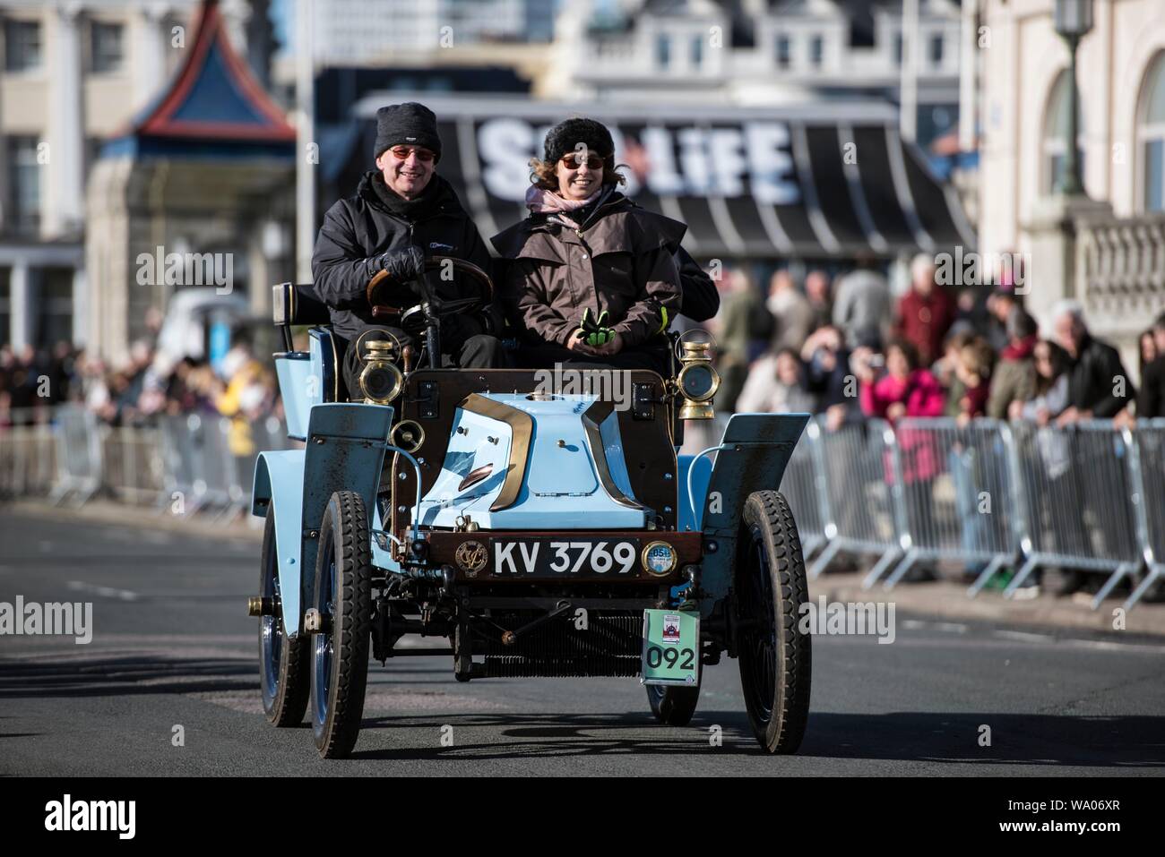 London to Brighton Veteran car run 2017, the antique vehicles arriving