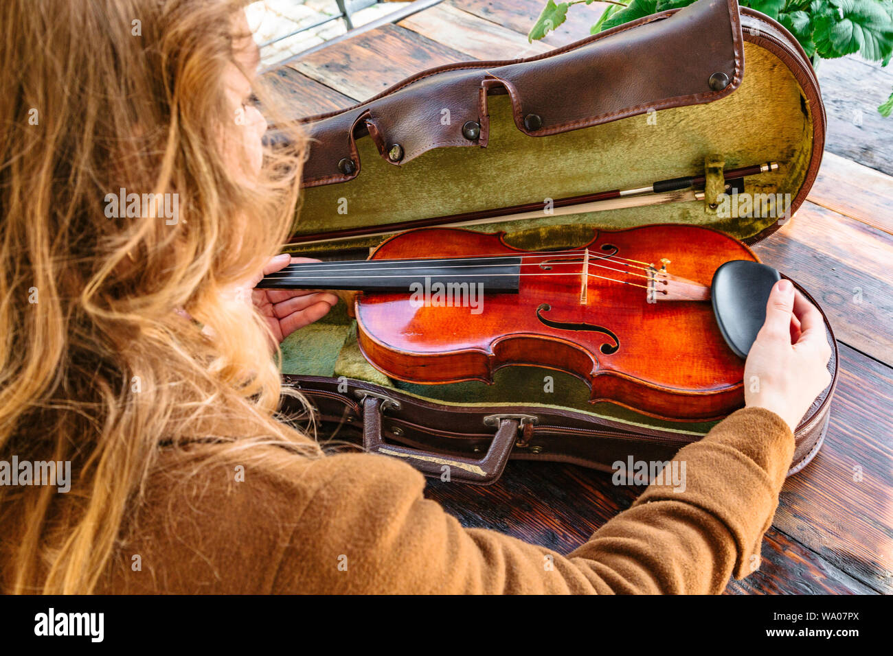 Womans hands holds old violin in case closeup Stock Photo