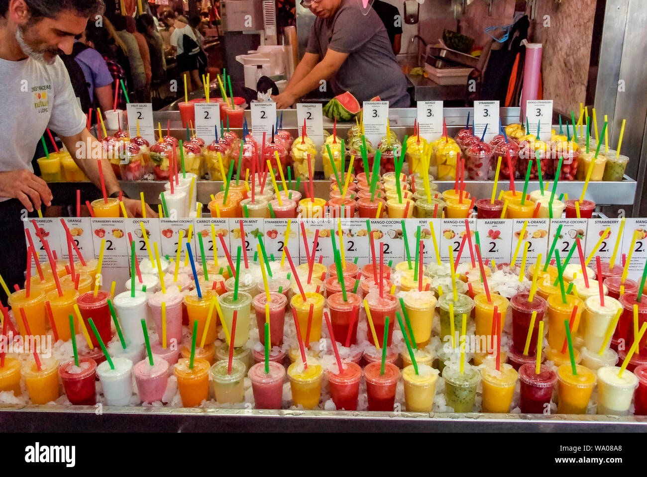 Barcelona,Fruit and Fruit Juice Stall Display,La Boqueria Market,Las