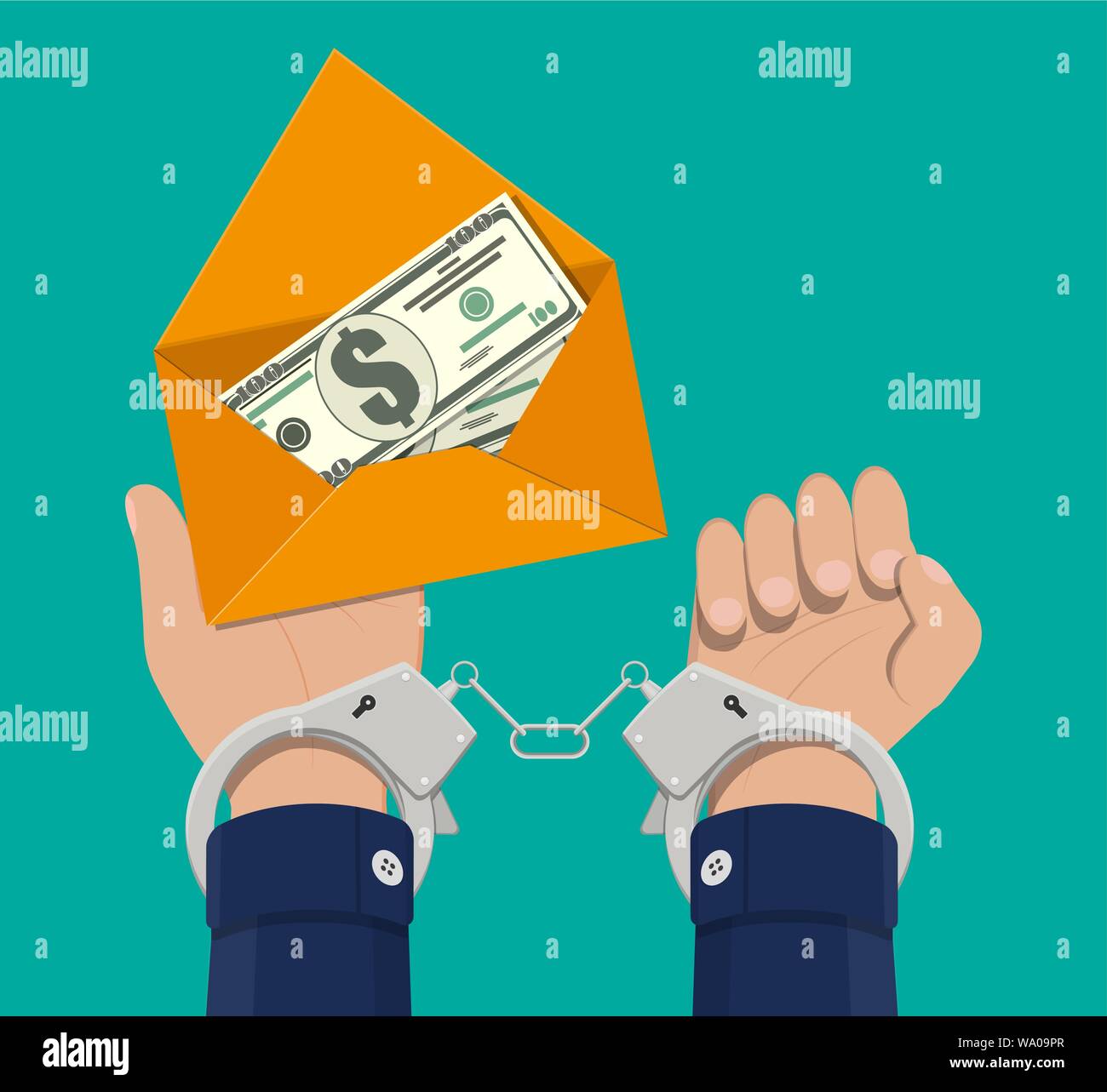 Hand with key unlocking handcuffs for money. Stock Vector