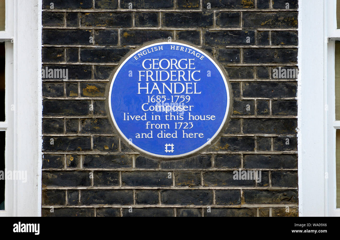 Blue Plaque commemorating composer George Frideric Handel at 25 Brook Street, Mayfair, London W1K 4HB, City of Westminster. Stock Photo