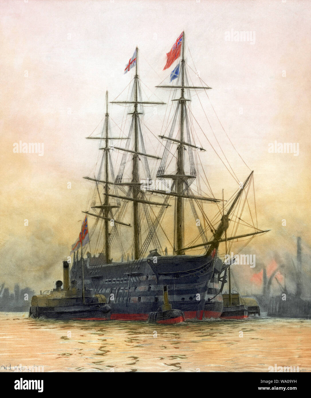 Vintage 1923 print entitled “The Last Journey of Victory, 1922” depicting the famous Royal Navy ship HMS Victory on its way to dry dock at Portsmouth, England, where she remains today as a museum vessel. Victory is best known for her role as Vice-Admiral Nelson’s flagship at the Battle of Trafalgar in 1805. Artist William Lionel Wyllie and his son Harold were heavily involved in the ship’s restoration and preservation. Stock Photo