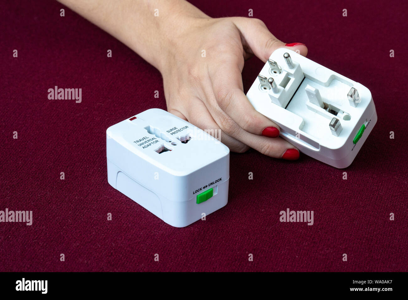 Close up of universal electric socket plug adapters used for travel
