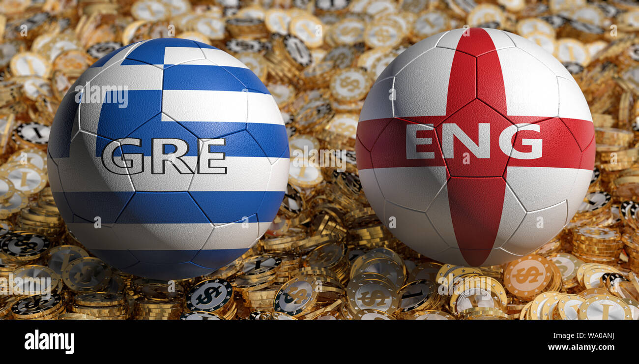 Greece vs. England Soccer Match - Soccer balls in Greece and England national colors on a bed of golden dollar coins. 3D Rendering Stock Photo