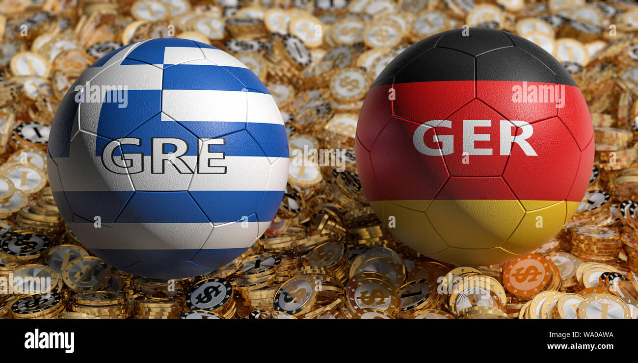 Greece vs. Germany Soccer Match - Soccer balls in Greece and Germany national colors on a bed of golden dollar coins. 3D Rendering Stock Photo