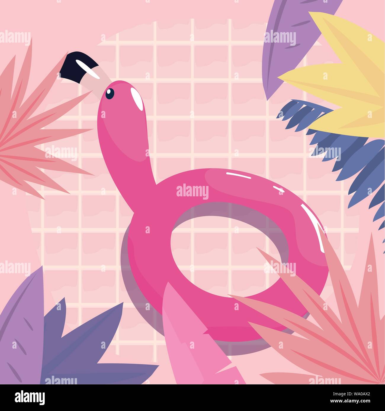 flamingo float foliage tiles background - summer time vacations vector ...