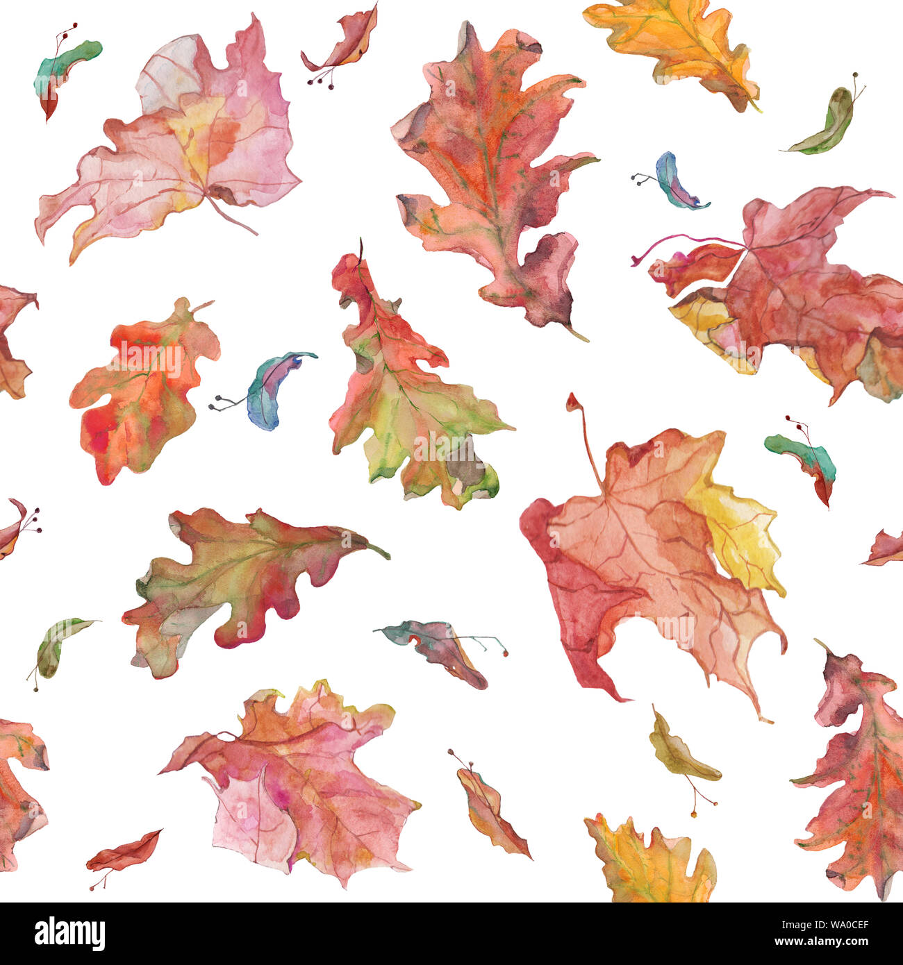 Watercolor hand drawn seamless tile with autumn oak and maple leaves ...