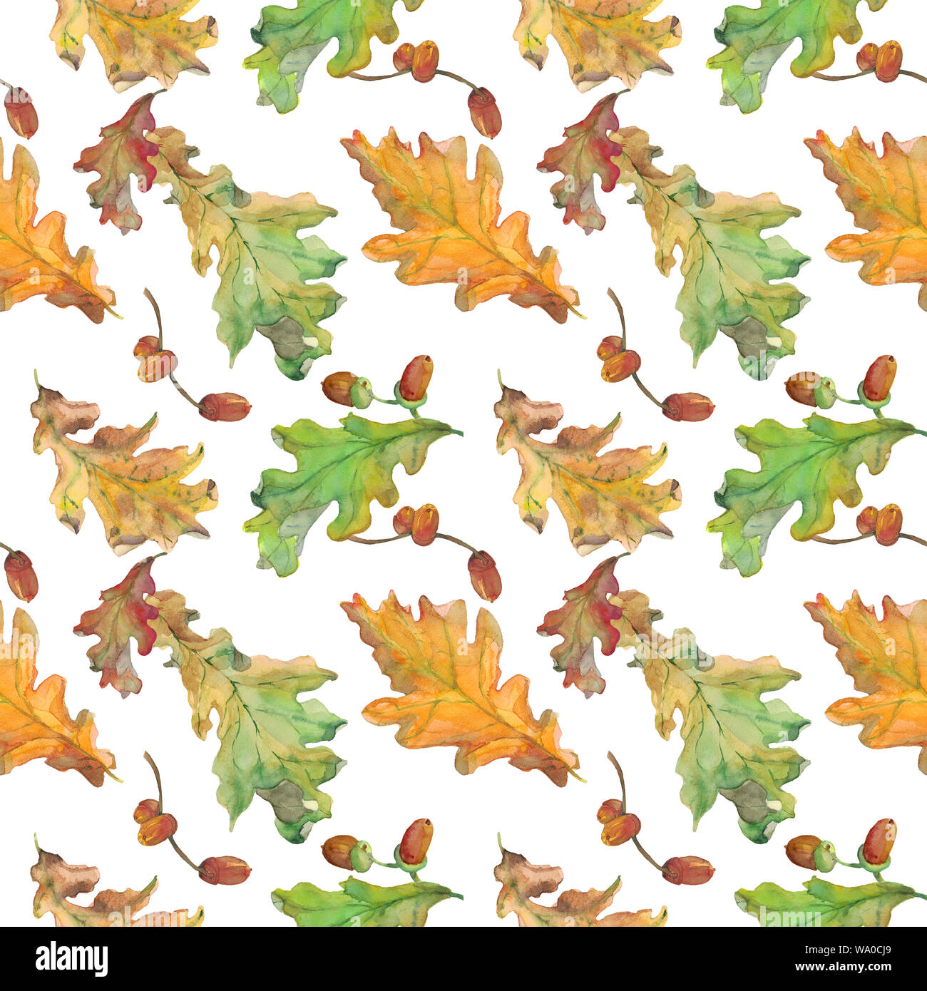 Watercolor hand drawn seamless pattern with autumn green and yellow oak ...