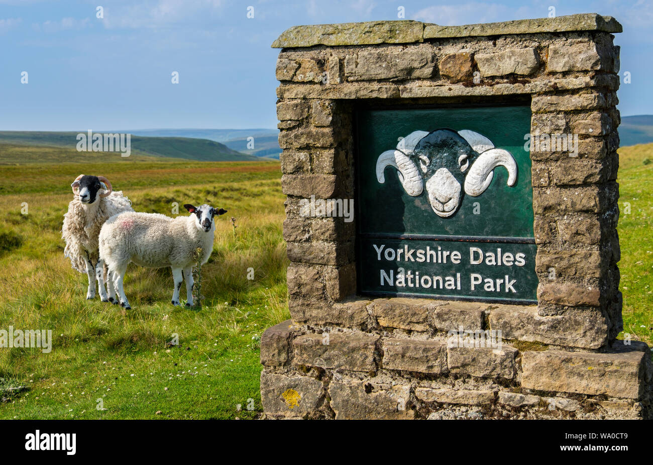 Sign for the Yorkshire Dales National Park and Swaledale sheep. Stock Photo